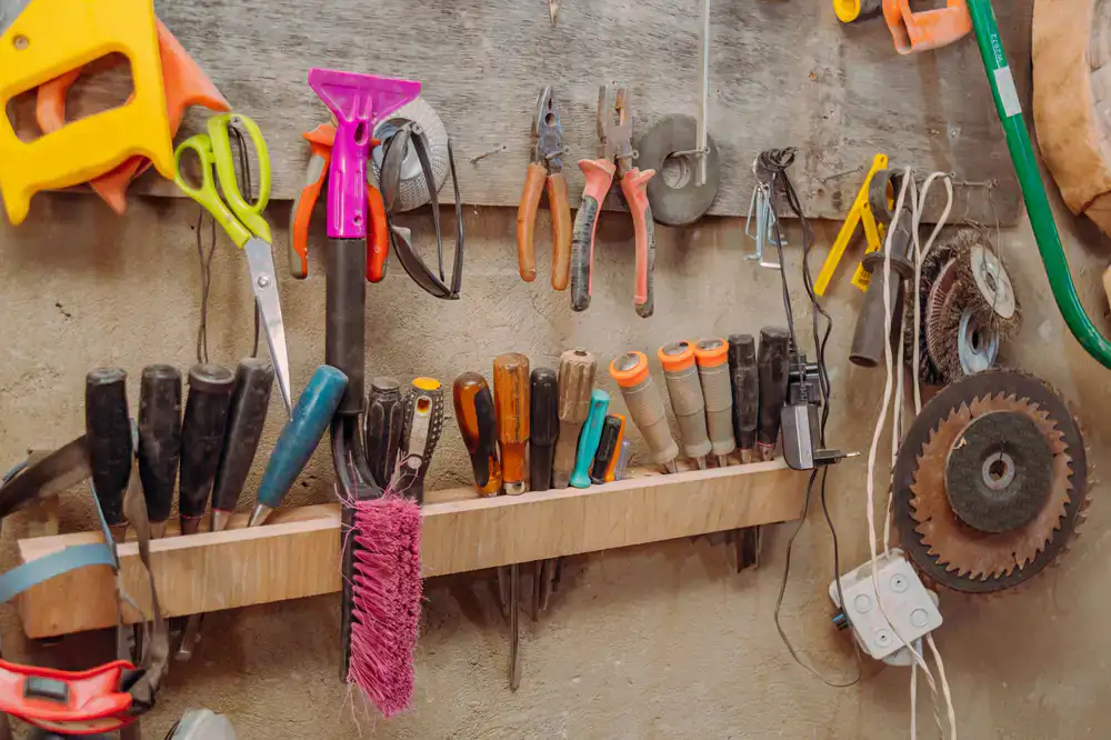 Neat arrangement of hammers, chisels, and wrenches