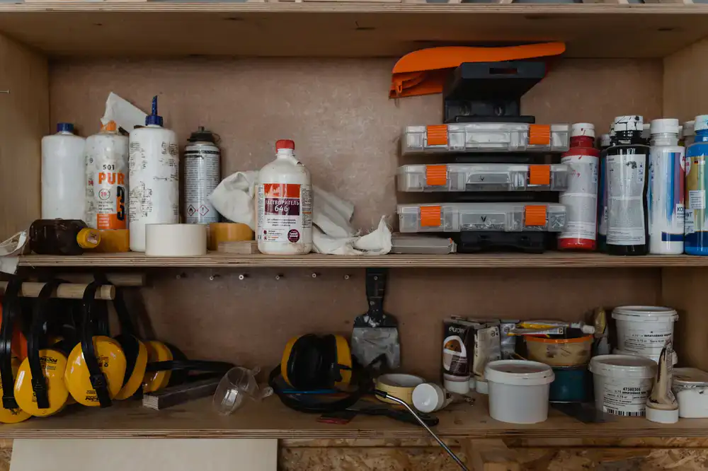 Organized shelves with home maintenance supplies